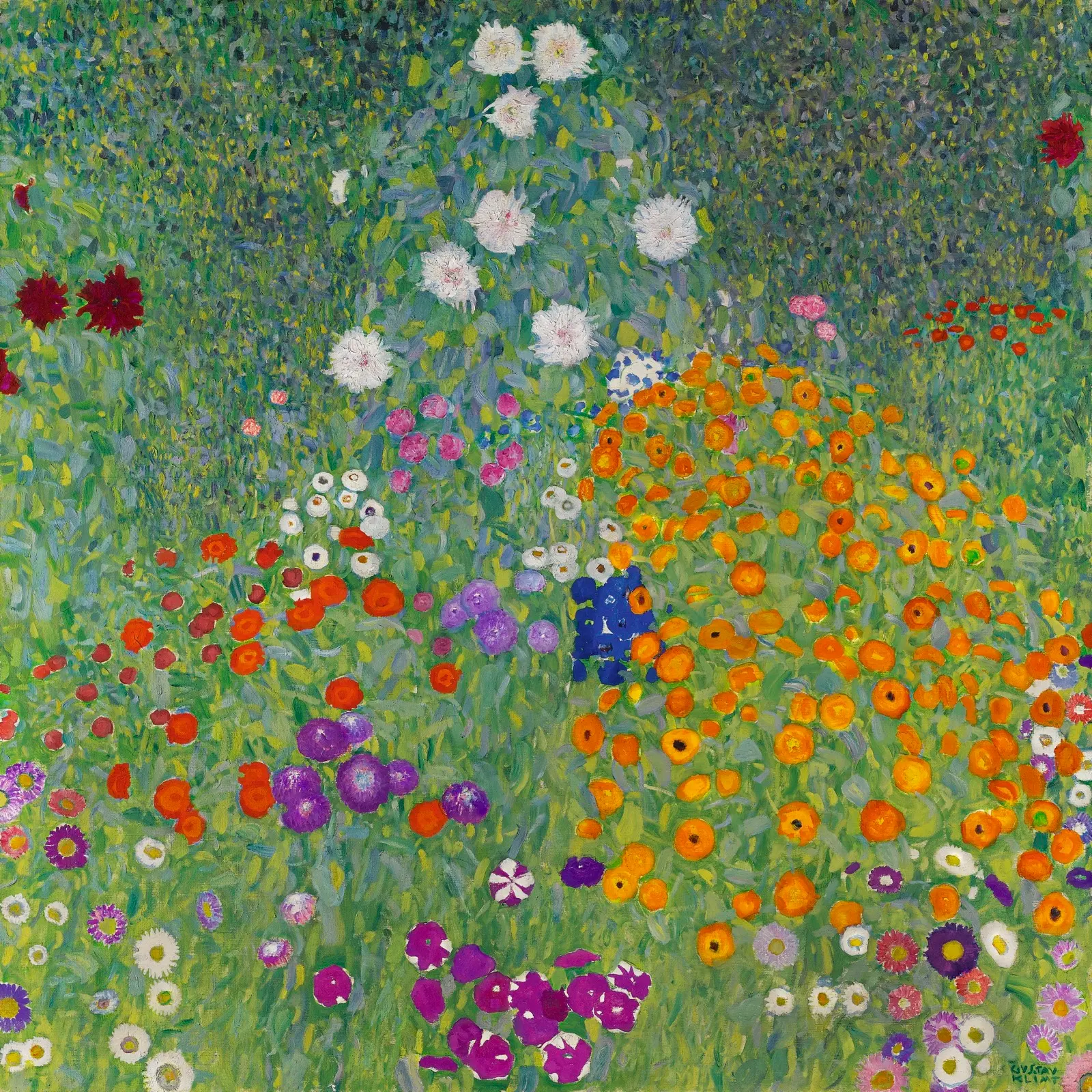 Gustav Klimt, Flower Garden, oil on canvas, about 1907. A dense square field of garden flowers in reds, pinks, blues, and greens.